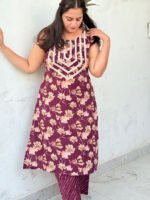 wine floral printed kurta set