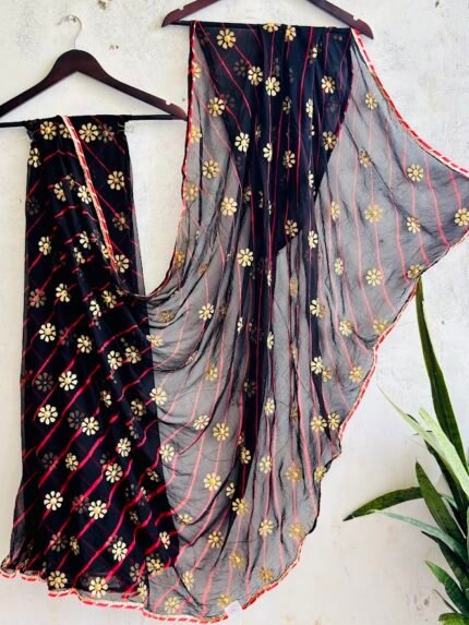 exquisite black & orange leheriya gota patti saree