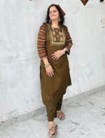 olive green tribal mirror work kurta set with dupatta