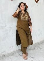 olive green tribal mirror work kurta set with dupatta