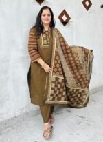olive green tribal mirror work kurta set with dupatta