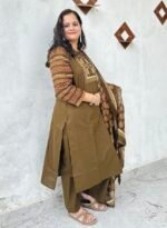 olive green tribal mirror work kurta set with dupatta