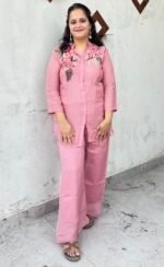 hand embroidered organza co ord set in dusty rose