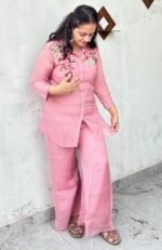 hand embroidered organza co ord set in dusty rose