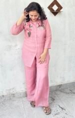 hand embroidered organza co ord set in dusty rose