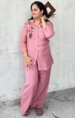 hand embroidered organza co ord set in dusty rose