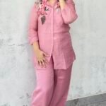 hand embroidered organza co ord set in dusty rose