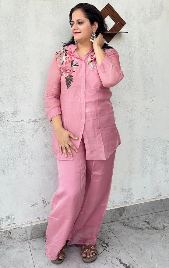 hand embroidered organza co ord set in dusty rose