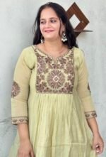 pastel olive green chanderi silk anarkali suit set with cutwork dupatta