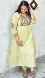pastel olive green chanderi silk anarkali suit set with cutwork dupatta