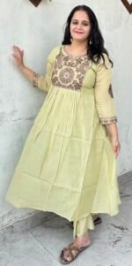 pastel olive green chanderi silk anarkali suit set with cutwork dupatta
