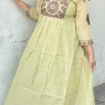 pastel olive green chanderi silk anarkali suit set with cutwork dupatta