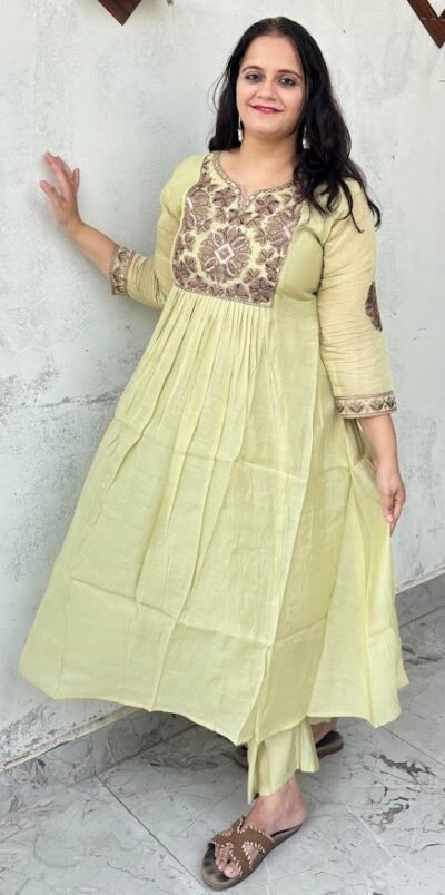 pastel olive green chanderi silk anarkali suit set with cutwork dupatta