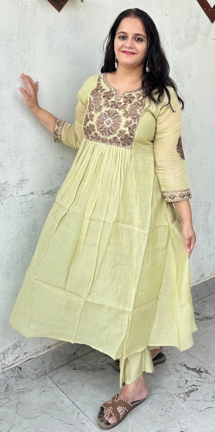 pastel olive green chanderi silk anarkali suit set with cutwork dupatta