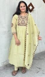 pastel olive green chanderi silk anarkali suit set with cutwork dupatta