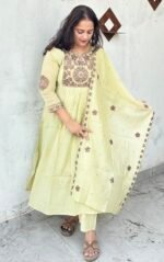 pastel olive green chanderi silk anarkali suit set with cutwork dupatta