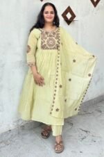 pastel olive green chanderi silk anarkali suit set with cutwork dupatta