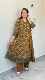 mustard & green angrakha style cotton kurta set with floral print