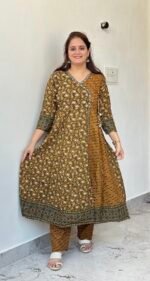 mustard & green angrakha style cotton kurta set with floral print