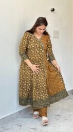 mustard & green angrakha style cotton kurta set with floral print