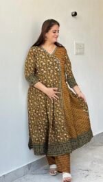 mustard & green angrakha style cotton kurta set with floral print