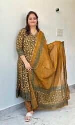 mustard & green angrakha style cotton kurta set with floral print
