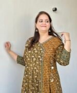 mustard & green angrakha style cotton kurta set with floral print