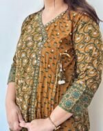 mustard & green angrakha style cotton kurta set with floral print