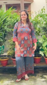 multicolor patchwork print kurta set with mirror work yoke & striped pants